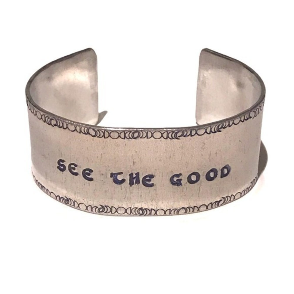 Handmade stamped silver motivational adjustable hypoallergenic cuff bracelet‎